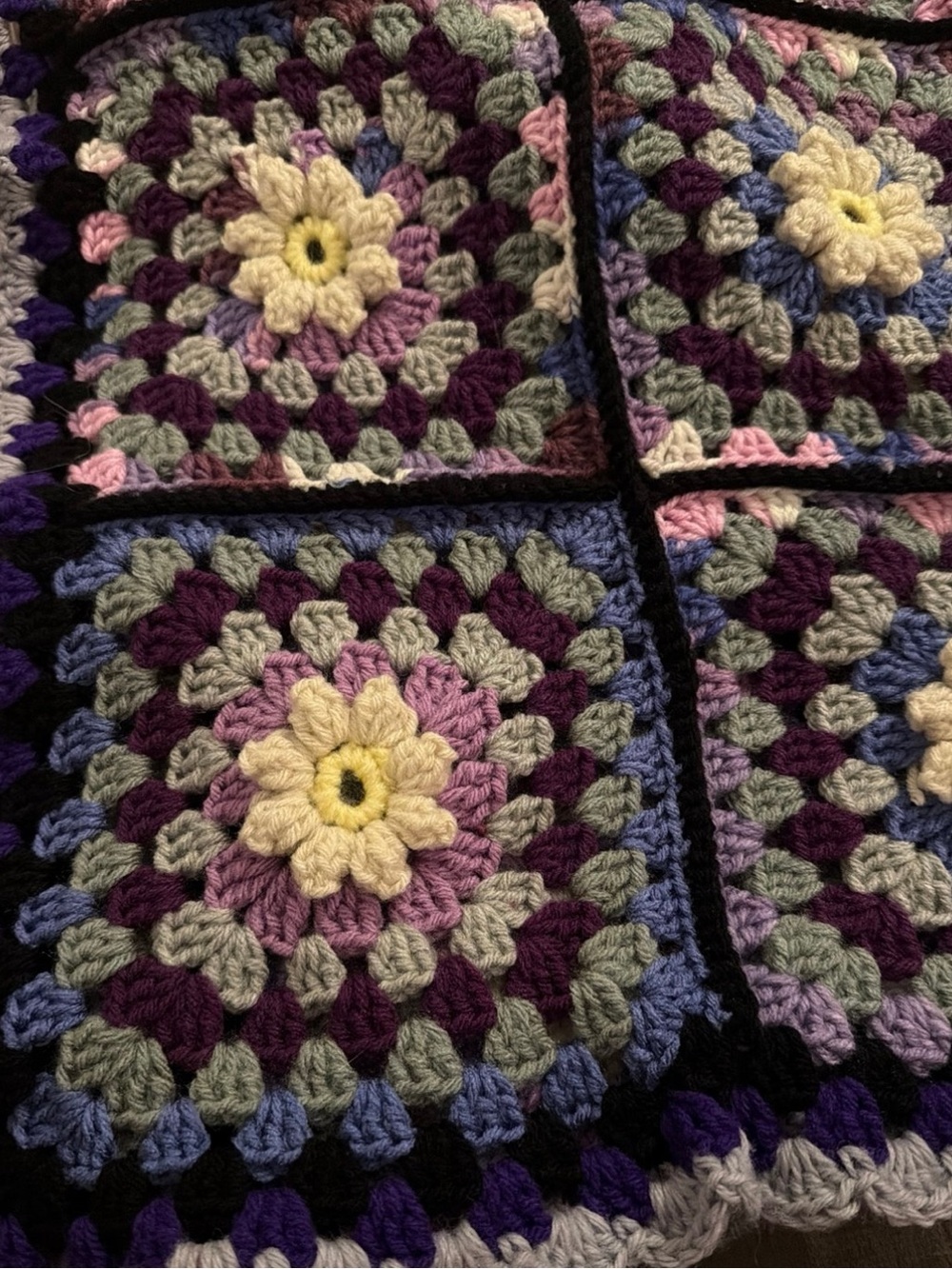Hand-Crocheted Granny Square 3D Flower Gray Purple Lavender Cream Boho Handmade